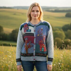 Vintage 90's Susan Bristol Cottagecore Blue Red Patchwork Sweater Size Medium